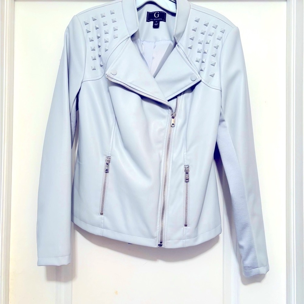 NWOT G By Giuliana Jet Set G Faux Leather Moto Jacket with studs in Blue Dawn